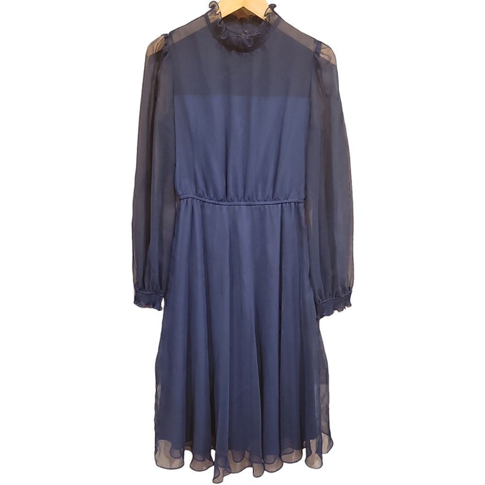 Vintage 1960s Edith Flagg California Navy Blue Chiffon Long Sleeve Dress L XL